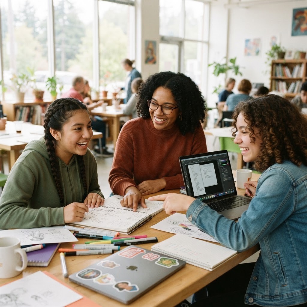 A mentor helping teenage students