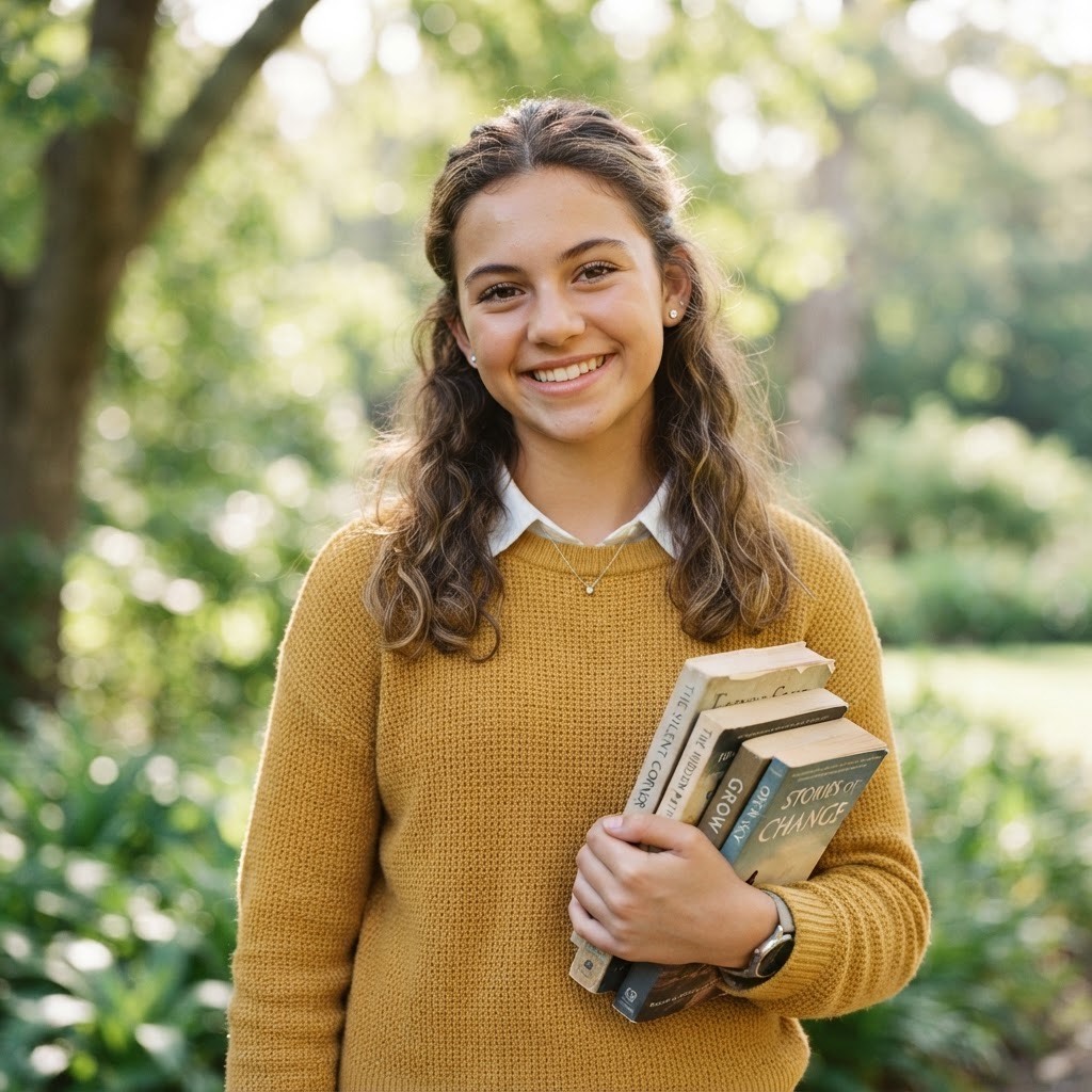 A young woman smiling while holding books outdoors