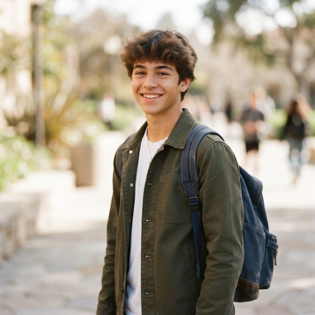 A teenager smiling on a sunny campus path