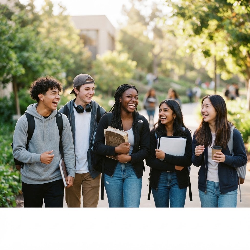 A group of happy teenagers outdoors holding books