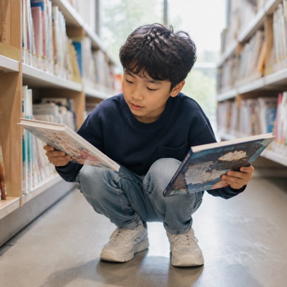 A curious student choosing a book