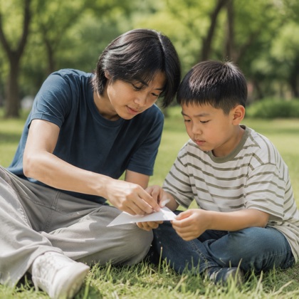 Brothers folding a paper airplane