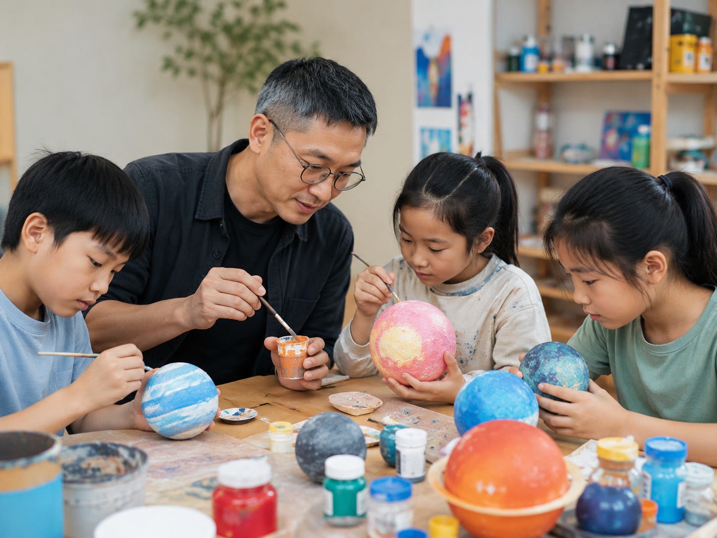 A teenager painting planets