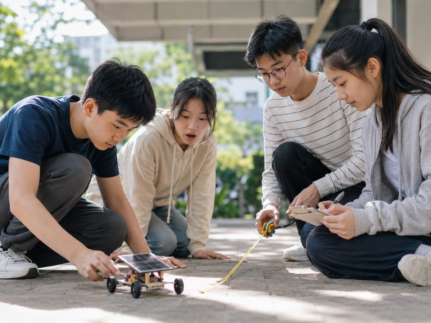 Teenagers building and testing a solar car