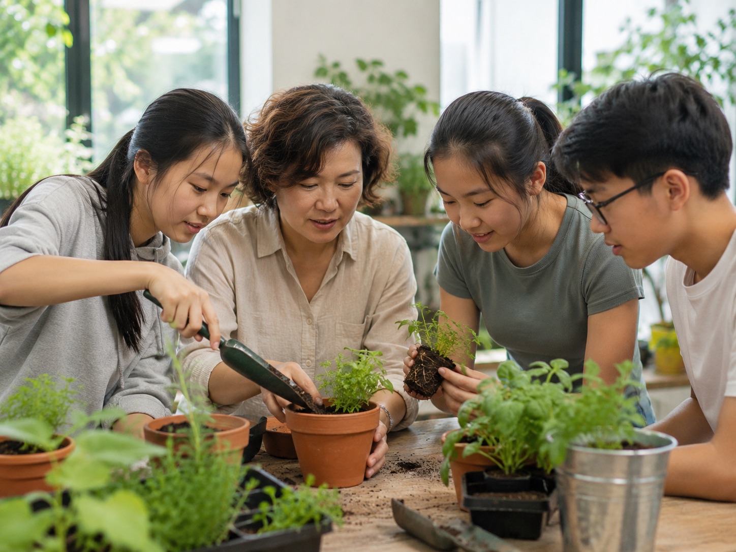 Teenagers growing a community garden