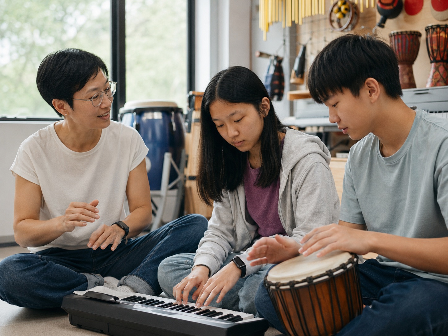 Teenagers creating music together