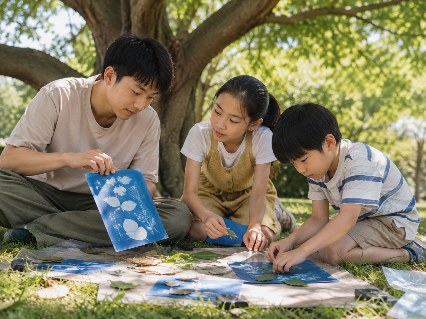 Young people making cyanotypes outdoors